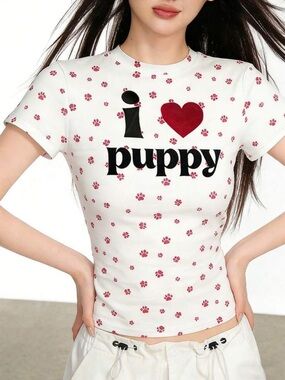 White 'I ♥ Puppy' Short Sleeve Tee with Red Paw Print